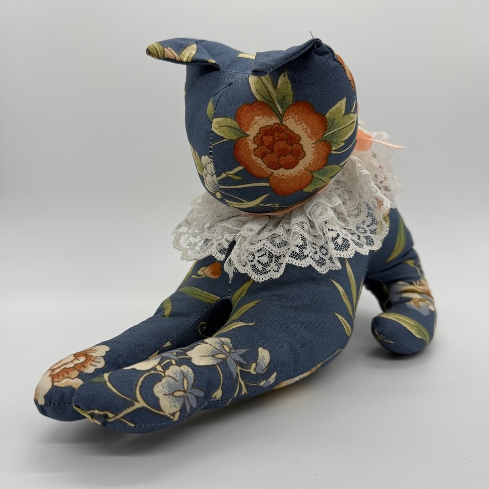 Vintage Handmade Floral Cat Yarn Ball Plush Stuffed Lace Cottagecore Grandmacore